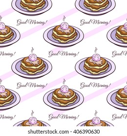 Seamless pattern made from hand drawn pancakes on a plate, text and pink stripes on white background. Vector illustration.
