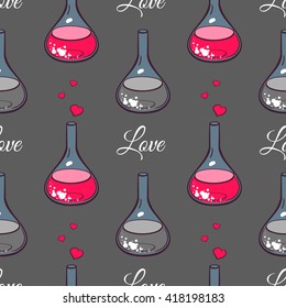 Seamless pattern made from hand drawn beakers with hearts and text on gray background. Chemistry of love. Vector illustration.