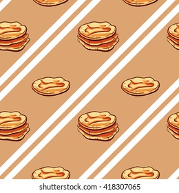Seamless pattern made from hand drawn bread and text on brown background. Vector illustration.