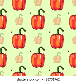 Seamless pattern made from hand drawn red peppers and dark circles on green background. Vector illustration.