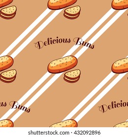 Seamless pattern made from hand drawn bread and text on brown background. Vector illustration.