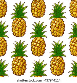 Seamless pattern made from hand drawn pineapple and text on white background. Vector illustration.