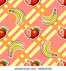 Seamless pattern made from hand drawn bananas and strawberries on striped background. Vector illustration.