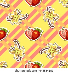 Seamless pattern made from hand drawn strawberries and vanilla on striped background. Vector illustration.