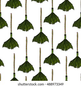 Seamless pattern made of hand drawn cute cartoon witch brooms.