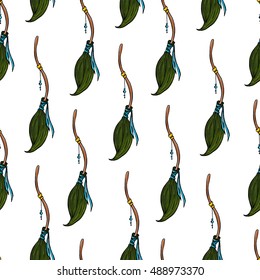 Seamless pattern made of hand drawn cute cartoon witch brooms.