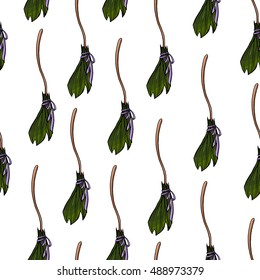 Seamless pattern made of hand drawn cute cartoon witch brooms.