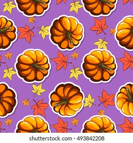 Seamless pattern made from hand drawn pumpkin and leaves. Vector illustration