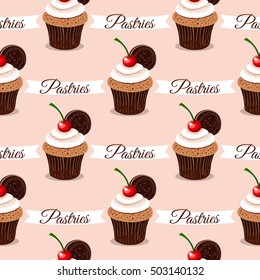Seamless pattern made from hand drawn cherry cupcakes on pink background. Vector illustration