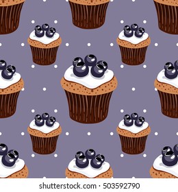 Seamless pattern made from hand drawn blueberry cupcakes and white circles on violet background. Vector illustration