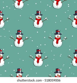 Seamless pattern made from hand drawn snowmen on snowy background. Vector illustration.