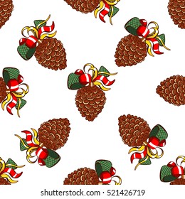 Seamless pattern made from hand drawn pine cones. Christmas vector illustration