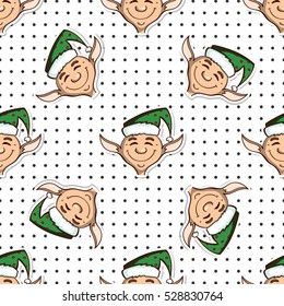 Seamless pattern made from hand drawn cartoon elves on dotted background. Vector illustration