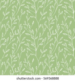 Seamless  pattern made of hand drawn tree branches. Green background with leaves. Natural concept  