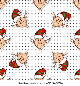 Seamless pattern made from hand drawn cartoon elves on dotted background. Vector illustration