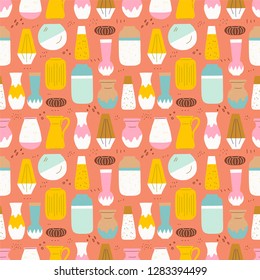 Seamless pattern made of handmade ceramic vases. Hand crafted pottery flat style texture. Hand drawn wrapping paper, textile, wallpaper for house decor shop or pottery school blog. Vector illustration