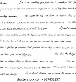 Seamless pattern made of handwritten text. Phrazes and quotes about love and relationships. English words and lettern written by hand in black and white monochrome colors.