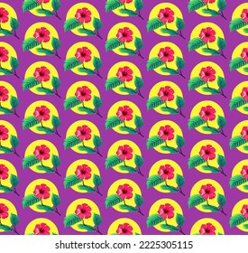 Seamless pattern made of hibiscus flowers. seventies retro style punchy colors