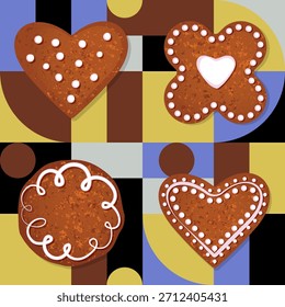 Patrón sin fisuras se compone de galletas caseras sobre fondo abstracto geométrico. Ilustración vectorial de stock. EPS 10.