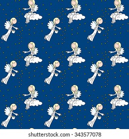 Seamless pattern made of illustrated angels putting stars on night sky