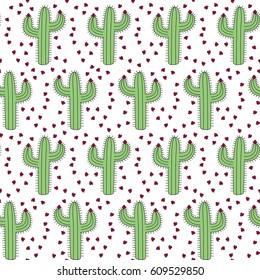 Seamless pattern made of illustrated cacti and pink flowers on white