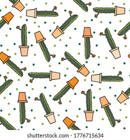 Seamless pattern made of illustrated cactus plants on white