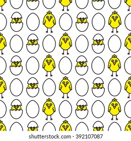 Seamless pattern made of illustrated chickens and eggs on white