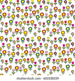 Seamless pattern made of illustrated colorful flowers on white