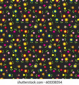 Seamless pattern made of illustrated colorful flowers on dark grey