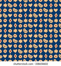 Seamless pattern made of illustrated cookies on dark blue background