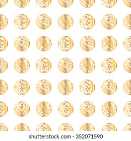 Seamless pattern made of illustrated floral gold circles on white