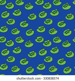 Seamless pattern made of illustrated frog princes on blue background