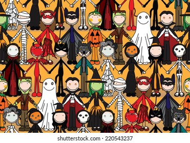 Seamless pattern made of illustrated kids in Halloween costumes