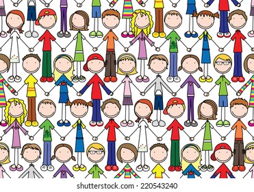 Seamless pattern made of illustrated kids holding hands