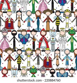 Seamless pattern made of illustrated kids in Halloween costumes