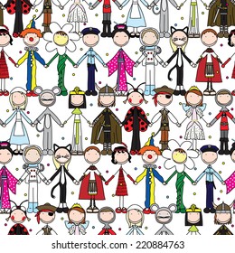 Seamless pattern made of illustrated kids in Halloween costumes
