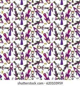 Seamless pattern made of illustrated kids in costumes of king, jester and medieval ladies