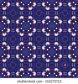 Seamless pattern made of illustrated little Santa birds on dark blue background
