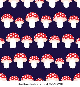 Seamless pattern made of illustrated mushrooms on dark blue