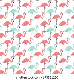 Seamless pattern made of illustrated pink and turquoise flamingos on white