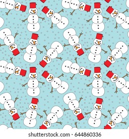 Seamless  pattern made of illustrated snowmen on turquoise background