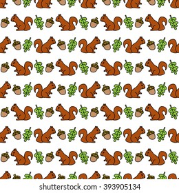 Seamless pattern made of illustrated squrrels and oak leaves and acorns