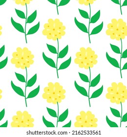 Seamless pattern made of illustrated yellow flowers on white background