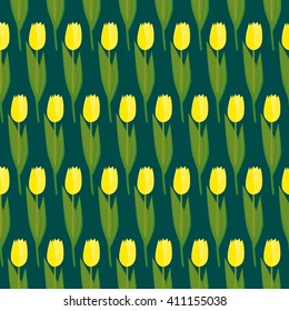 Seamless pattern made of illustrated yellow tulips on dark green background