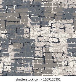 A seamless pattern made up of inaccurate multicolored rectangles arranged in random order. Texture in camouflage style. Above the picture are chaotic squares of fine lines.