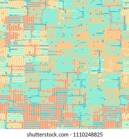 A seamless pattern made up of inaccurate multicolored rectangles arranged in random order. Texture in camouflage style. The picture is covered with a chess striped network.