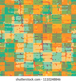 A seamless pattern made up of inaccurate multicolored rectangles arranged in random order. Texture in camouflage style. The picture is covered with a chess striped network.