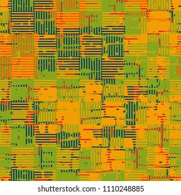A seamless pattern made up of inaccurate multicolored rectangles arranged in random order. Texture in camouflage style. The picture is covered with a chess striped network.