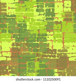 A seamless pattern made up of inaccurate multicolored rectangles arranged in random order. Texture in camouflage style. The picture is overlaid with a network of large squares with diagonal stripes.