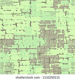 A seamless pattern made up of inaccurate multicolored rectangles arranged in random order. Texture in camouflage style. A network of not large striped squares is superimposed over the picture.
